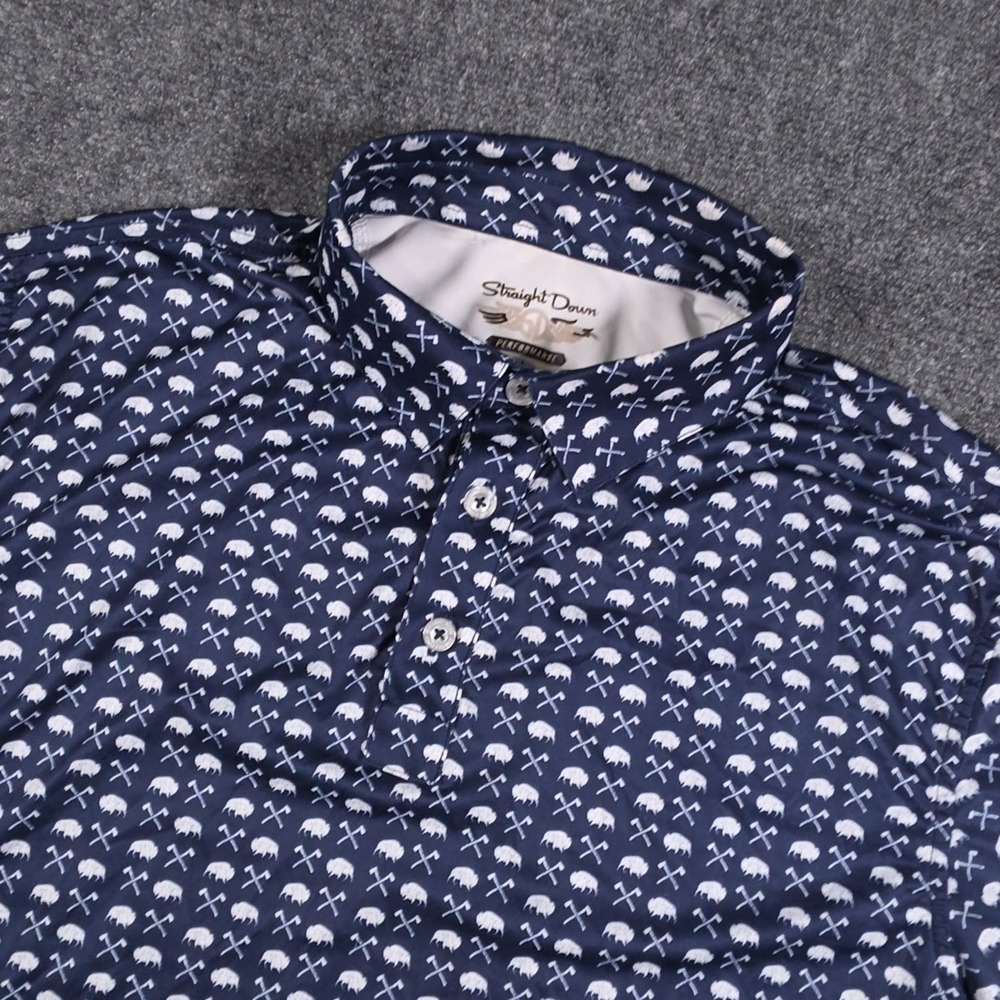 Straight Down Performance Polo Mens Large Navy Buffalo Axe AOP Lightweight Golf